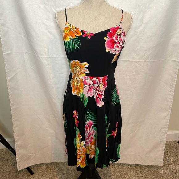 Old Navy Fit and Flare Black Bright Floral Spaghetti Strap Rayon Skater Dress - Picture 2 of 7